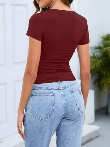 Vista 2 de Abardsion Camisetas básicas ajustadas para mujer, estilo casual, manga corta, cuello en V, camisetas de verano
