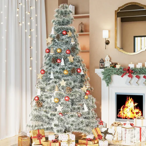 Vista 2 de Sweetcrispy Árbol de Navidad Artificial Preiluminado con Nieve Artificial de 6 pies, Árbol de Navidad de Abeto Artificial con Bisagras Preiluminado