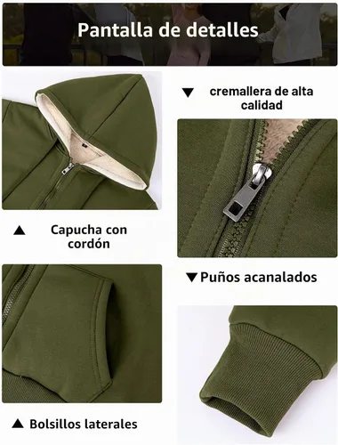 Vista 6 de Gihuo - Sudadera con capucha y cremallera para mujer, forro de Sherpa, chaqueta de invierno con forro polar cómoda Verde Armada (ArmyGreen)