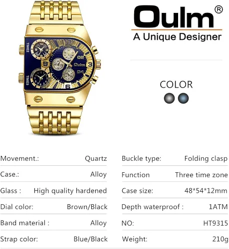 Vista 7 de GORBEN Creative Gold Watch - Reloj de cuarzo para hombre, 3 zonas horarias, reloj grande de acero inoxidable, reloj deportivo militar masculino