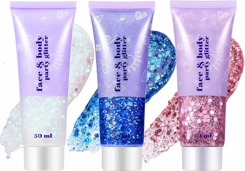 Vista 32 de Go Ho Brillantina azul para rostro y cuerpo, pintura facial azul de Halloween, gel brillante de sirena, lentejuelas gruesas holográficas para ojos