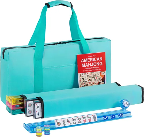 Vista 11 de Juego de Mahjong Americano GUSTARIA, 166 Azulejos Blancos Premium, 4 Estantes/Empujadores de Color Todo-en-Uno, Juego de Mahjong Completo con Bolsa