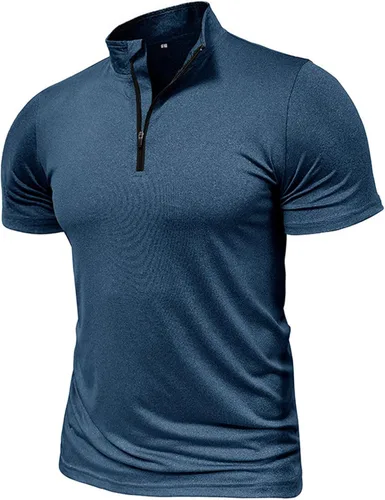 Vista 2 de Stand Up Collar T-Shirt Top for Men Zipper Solid Blouse Tunics Slim Fit Short Sleeve Pullover Tops Fitted Business