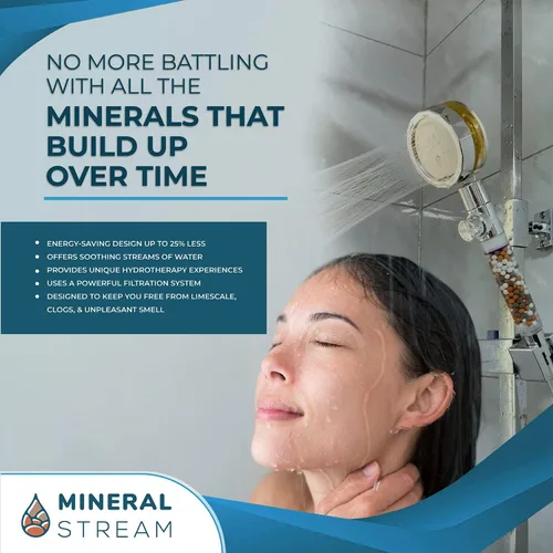 Vista 5 de MineralStream - Cabezal de ducha de mano de alta presión Turbo con piedras minerales para filtración, perfecto para cabello seco y piel, cabezal