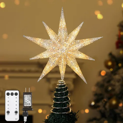 Vista 14 de Lewondr Decoración para árbol de Navidad, decoración de árbol de Navidad con forma de estrella en 3D con diseño de explosión de estrellas, control