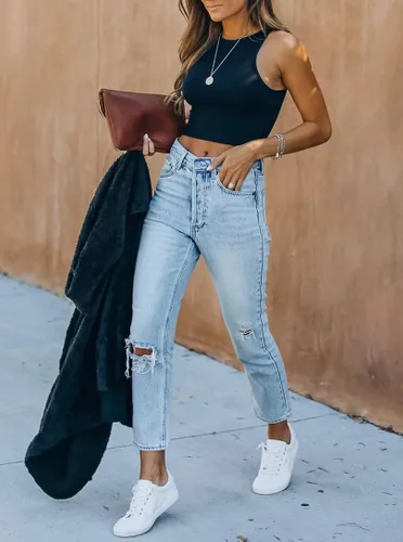 Vista 3 de REORIA - Camisetas ombligueras sin mangas y con espalda cruzada para mujer, ombligueras sexys con cuello halter