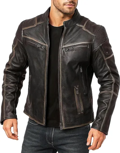 Vista 7 de LP-FACON Chaqueta de cuero para hombre con armadura Vintage Cafe Racer Powersports Equipo de protección Moto Biker Chaqueta acolchada