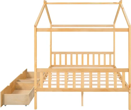 Vista 4 de Harper & Bright Designs Cama de casa de tamaño matrimonial para niños, marco de plataforma de madera Montessori con 2 cajones de almacenamiento