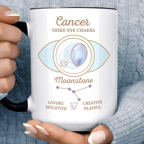 Vista 2 de Taza de café con signo del zodiaco con rasgos del cáncer, cristal de piedra lunar, taza de cerámica personalizada con horóscopo del tercer ojo, apta