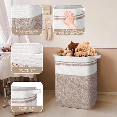 Vista 31 de DOFASAYI Cesta de lavandería grande de 72 litros con asas de cuero, cesta de almacenamiento decorativa para mantas, cesta de ropa para sala