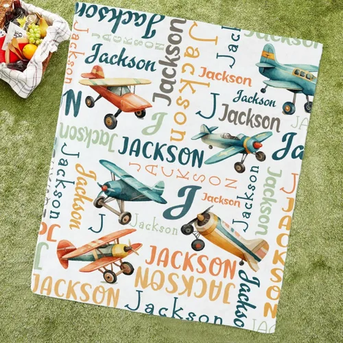 Vista 3 de Manta de avión con nombre personalizado, regalo de avión para niños, manta de avión con nombre personalizado para bebés, manta de franela suave