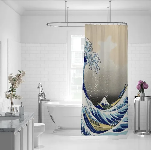 Vista 2 de Cortina de ducha con estampado de pintura impresionista, estilo japonés, Hokusai, The Great Wave Off Kanagawa, cortinas de ducha para baño, calidad