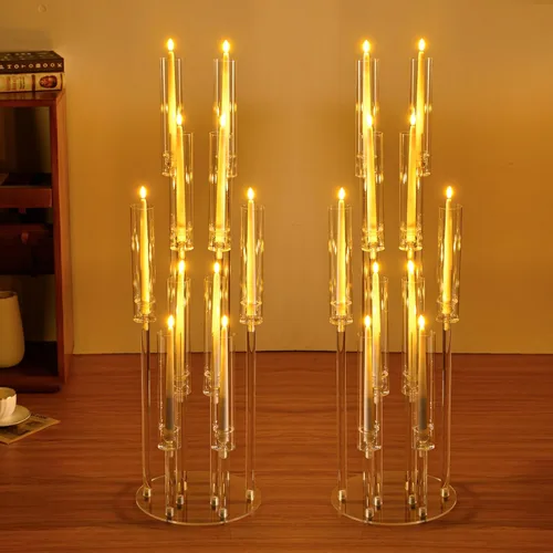 Vista 12 de Portavelas transparentes de 8 brazos para decoración de boda, candelabro alto de acrílico con pantalla para eventos del día de San Valentín, fiesta