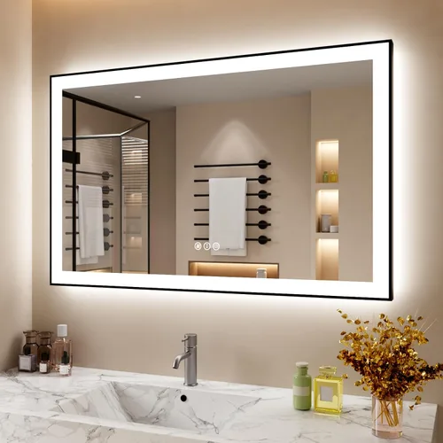 Vista 9 de Espejo de baño LED de 24x28 pulgadas con marco negro, espejos de baño retroiluminados y con luz frontal para pared, antiempañamiento, regulable