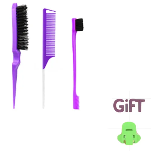 Vista 3 de Peine morado de 3 piezas, juego de cepillos de espalda lisa, cepillo ventilado, peine de dientes anchos, cepillo de burlas para alisar el cabello