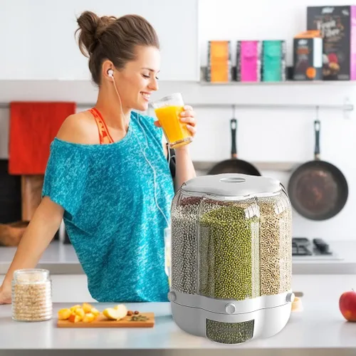 Vista 6 de Enfudid Contenedor de almacenamiento de granos para alimentos, dispensador de arroz de 6 rejillas de gran capacidad, caja de almacenamiento