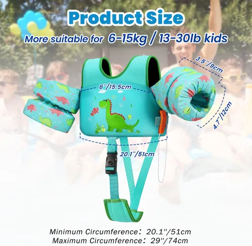 Vista 2 de HeySplash Chaleco de natación para niños pequeños, flotadores de piscina con correa ajustable G-verde