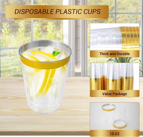 Vista 3 de 100 vasos de plástico dorados, vasos de plástico desechables de 10 onzas para fiestas, vasos desechables de plástico duro con borde dorado