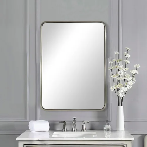 Vista 19 de Espejo de latón para baño, espejo rectangular redondeado de 22x30 pulgadas con marco de metal cepillado dorado, espejo de tocador de baño sin