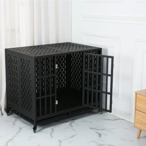 Vista 7 de Jaula indestructible para perros de 44 pulgadas, jaula de acero a prueba de mordeduras de alta ansiedad para perros medianos y grandes, doble puerta