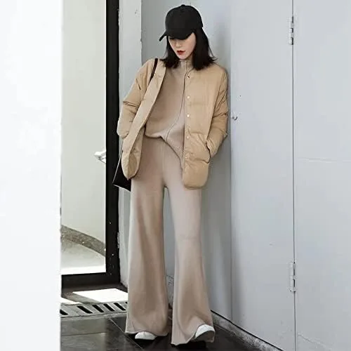 Vista 8 de Linsery Conjunto de 2 piezas para mujer, suéter de punto de cuello alto, pantalón de pierna ancha, conjunto de ropa de descanso