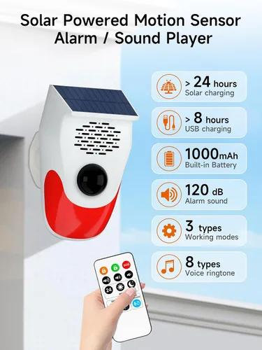 Vista 9 de PILSAMAS Alarma solar con sensor de movimiento con carga de voz personalizada: generador de ruido fuerte de 120 dB y luces estroboscópicas, control