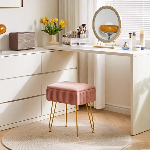 Vista 4 de YMYNY Taburete de tocador con almacenamiento, taburete otomano cuadrado, taburete de maquillaje multifuncional moderno para dormitorio, sala de Rosa