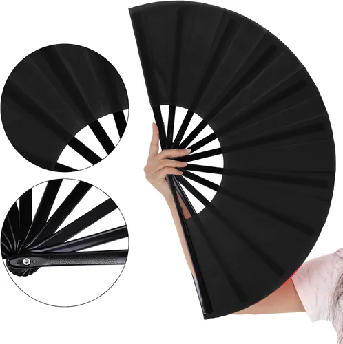 Vista 5 de Nydotd Paquete de 1 abanico grande de mano plegables de nailon plegable con funda de soporte para hombres y mujeres, línea de actuación, danza, kung