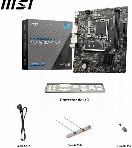 Vista 7 de MSI PRO H610M-G Placa base WiFi, Micro-ATX. Soporta procesadores Intel Core de 14ª, 13ª y 12ª generación, LGA 1700 - DDR5 Memory Boost 5600MHz/MAX