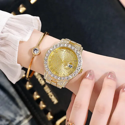 Vista 2 de ADSBIAOYE Reloj unisex de lujo con diamantes de moda, esfera grande, números romanos con calendario