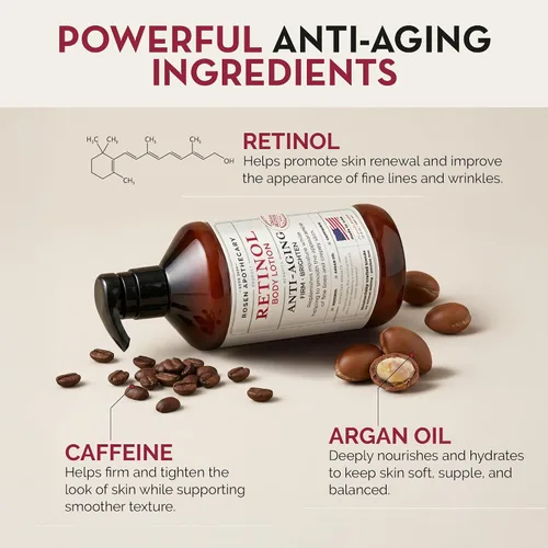Vista 4 de Rosen Apothecary - Loción corporal de retinol antienvejecimiento para piel crepey, la cafeína reafirma y aprieta la piel envejecida, aumenta