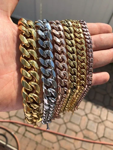 Vista 8 de HarlemBling Pulsera cubana de Miami para hombre, 0.315-0.709in, eslabones cubanos pesados de 14 quilates de 18 quilates de oro amarillo o rosa sobre
