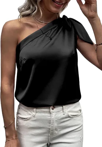 Vista 4 de Rooscier Blusa de oficina elegante de gasa con nudo de lazo y un hombro para mujer