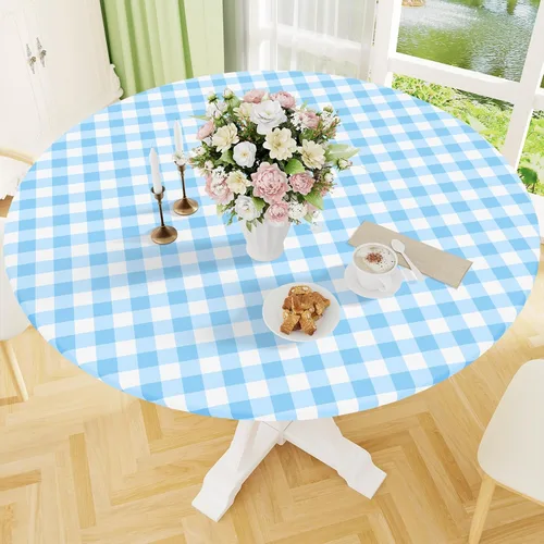 Vista 9 de Smiry - Mantel redondo de picnic de vinilo elástico impermeable con respaldo de franela, mantel de vinilo ajustable para mesas de 31-35 pulgadas