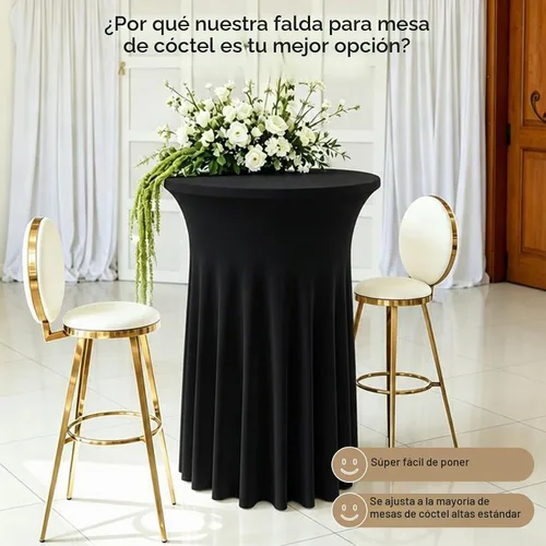 Vista 4 de Paquete de 4 faldas redondas de elastano de 32 x 43 pulgadas para mesa de cóctel con cortinas onduladas, mantel de cóctel elástico, mesas altas Negro