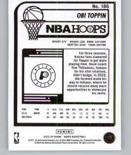 Vista 2 de 2023-24 Hoops Winter #186 Obi Toppin Indiana Pacers NBA Basketball Base Trading Card