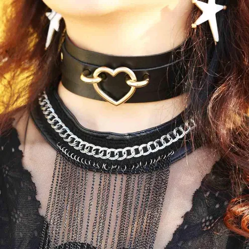 Vista 2 de Gargantilla de cuero para mujer, collar gótico punk rock para niños y niñas, Cuero, Sin gemas.
