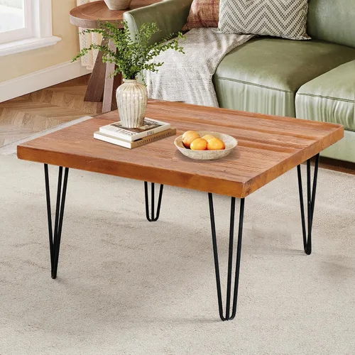 Vista 8 de Mesa de centro cuadrada de madera natural de 27 x 27 x 15 pulgadas de alto, mesas vintage de madera rústica para sala de estar, comedor, sofá