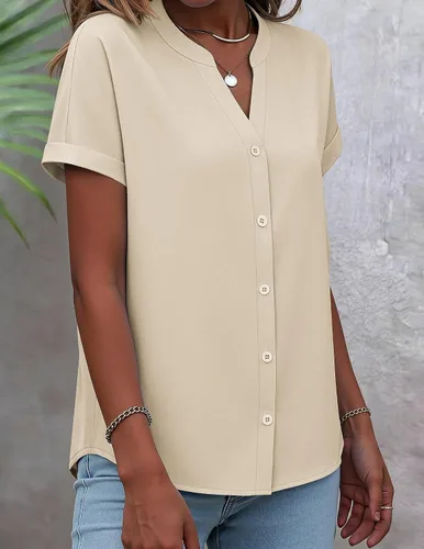 Vista 2 de Zeagoo Camisas con botones para mujer, camisetas de manga corta, cuello en V, blusas casuales de negocios