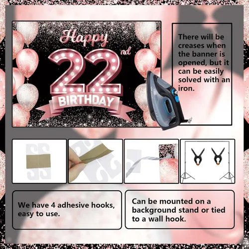 Vista 181 de Cartel de feliz cumpleaños décimo oro rosa, telón de fondo, saludos a 10 años, globos de confeti, decoración temática para niñas de 10 años