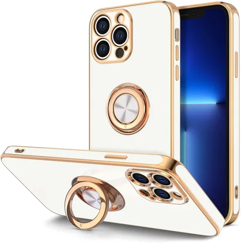 Vista 22 de Hython Funda para iPhone 13 Pro Max con soporte de anillo [soporte de anillo giratorio de 360° con soporte magnético] [borde chapado en oro rosa]