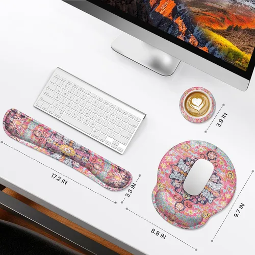 Vista 2 de iLeadon Juego de alfombrillas ergonómicas para mouse con reposamuñecas, diseño bohemio, fácil de escribir y aliviar el dolor, base antideslizante