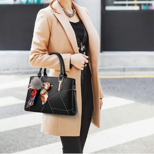 Vista 3 de Bolsos de cuero para mujer, bolso de hombro con asa superior, con pompón y lazo