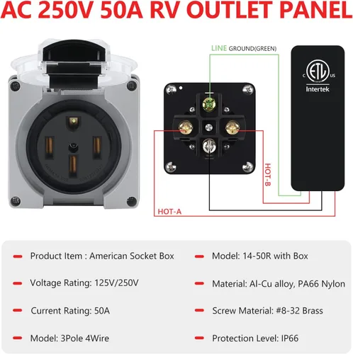 Vista 2 de Newdeli Caja de toma de corriente de 50 amperios NEMA 14-50R Rv Panel de toma de corriente eléctrica de 125/250 voltios, caja de salida impermeable