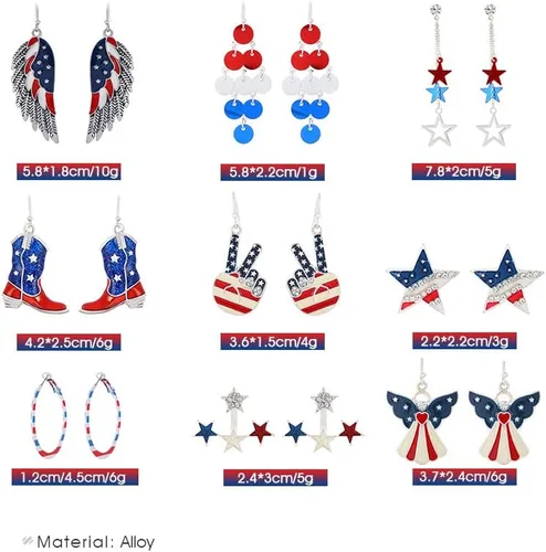 Vista 7 de Aretes patrióticos de bandera estadounidense, aretes colgantes para el día de la independencia, regalo de joyería para mujeres y niñas