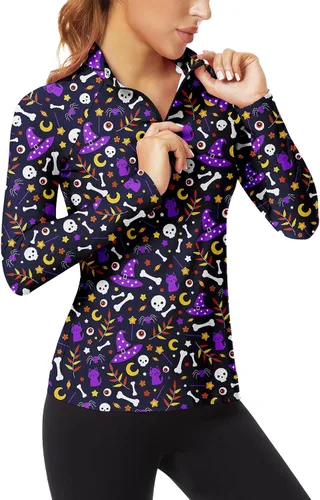 Vista 32 de WOWENY - Camiseta de manga larga con cremallera de 1/4 para mujer, con cuello, para hacer deporte, con estampado, para tenis Hoja multicolor.