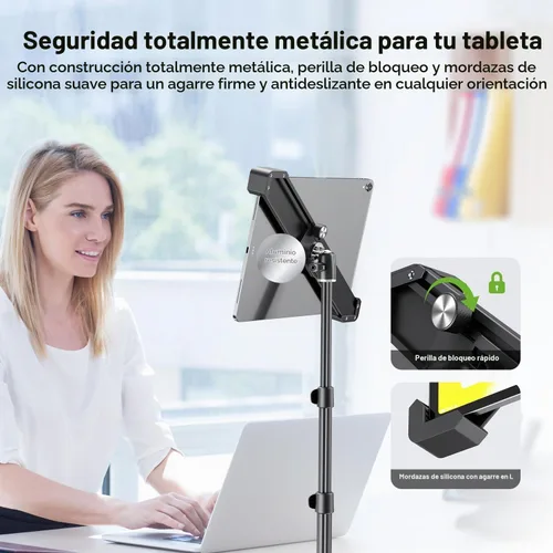 Vista 2 de elitehood Soporte de aluminio para iPad con soporte diagonal para tableta, trípode para iPad de 65 pulgadas de altura ajustable, trípode giratorio