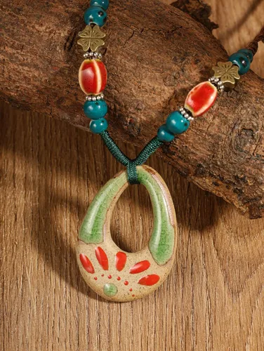 Vista 3 de MINACHI Collar con colgante floral de cerámica con cuentas de cerámica bohemia, regalo de joyería bohemia vintage para mujer