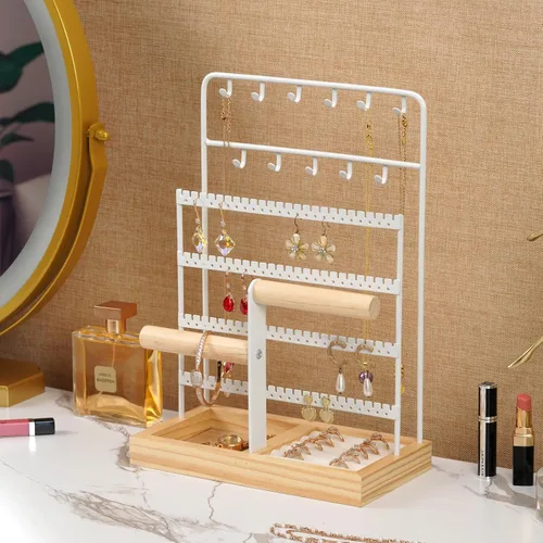 Vista 4 de JAZUIHA Organizador de joyas con organizador de aretes, collar y pulsera, colgador de 3 niveles para exhibición de joyas y almacenamiento de aretes