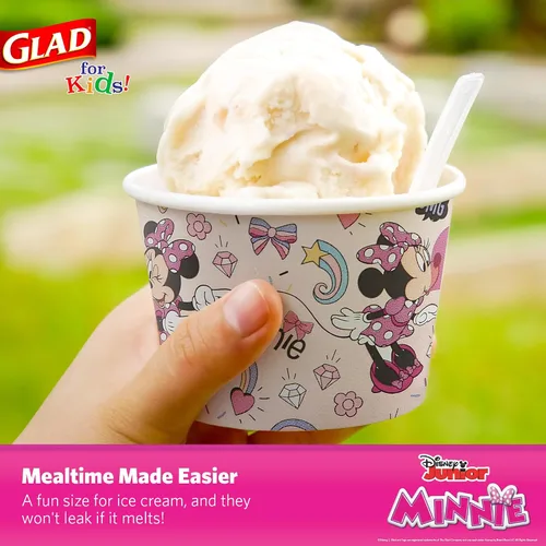 Vista 3 de Glad para niños Disney Mickey y amigos, cuencos desechables de papel para aperitivos, sin tapas, Minnie rosa - resistente, apto para microondas
